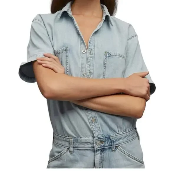 Pilcro Slouchy Denim Jumpsuit Light Wash Straight Leg Distressed size 4 - Picture 6 of 7